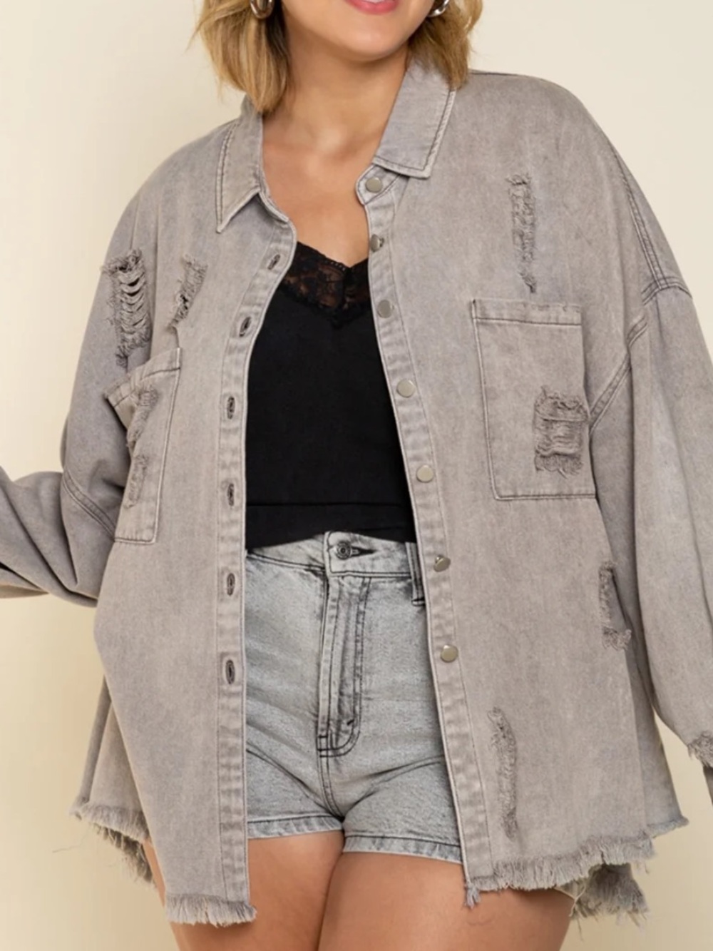POL grey distressed frayed hem denim oversized boho shirt jacket sz m